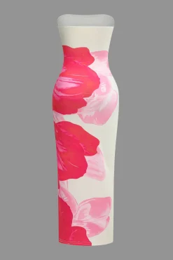 MICAS Midi Dresses-Floral Print Strapless Midi Dress