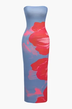 MICAS Midi Dresses-Floral Print Strapless Midi Dress
