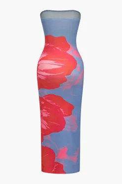 MICAS Midi Dresses-Floral Print Strapless Midi Dress