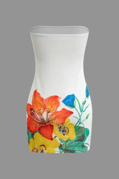 MICAS Mini Dresses-Floral Print Strapless Mini Dress WHITE