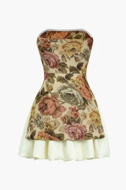 MICAS Mini Dresses-Floral Print Strapless Patchwork Slit Mini Dress KHAKI