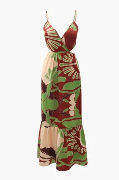 MICAS Maxi Dresses-Floral Print Tie Back Ruffle Maxi Dress BROWN