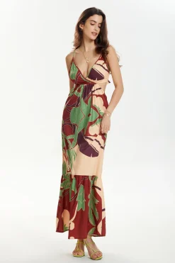 MICAS Maxi Dresses-Floral Print Tie Back Ruffle Maxi Dress BROWN