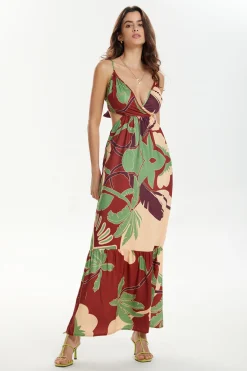 MICAS Maxi Dresses-Floral Print Tie Back Ruffle Maxi Dress BROWN