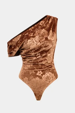 MICAS Bodysuits-Floral Print Velvet Asymmetrical Bodysuit ORANGE