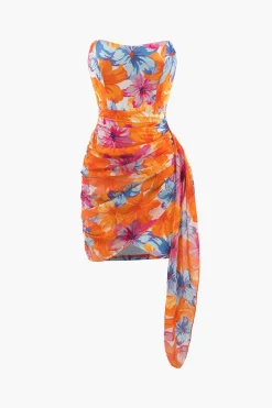 MICAS Mini Dresses-Floral Print Wrap Ruched Strapless Mini Dress DARK ORANGE
