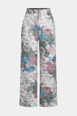 MICAS Pant Sets-Floral Print Zipper Stand Collar Top And Trousers Set BEIGE