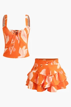 MICAS Skirt Sets-Floral Print Zip-Up Top And Ruffle Skirt Set