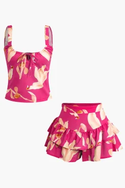 MICAS Skirt Sets-Floral Print Zip-Up Top And Ruffle Skirt Set