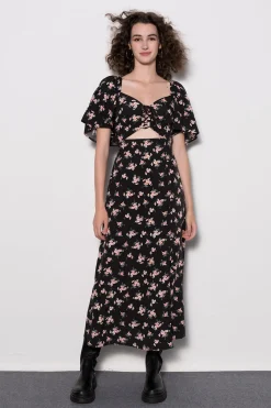 MICAS Maxi Dresses-Floral Tie Front Midi Dress BLACK