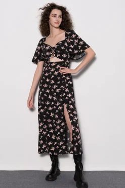 MICAS Maxi Dresses-Floral Tie Front Midi Dress BLACK