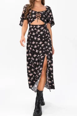 MICAS Maxi Dresses-Floral Tie Front Midi Dress BLACK