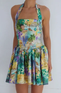 MICAS Mini Dresses-Floral Tropical Print Halter Neck Sleeveless Mini Dress GREEN