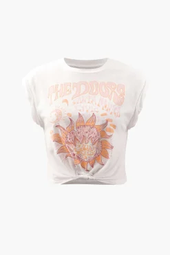 MICAS T-Shirts-Flower Print Hem Knotted Short Sleeve T-Shirt