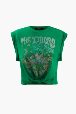 MICAS T-Shirts-Flower Print Hem Knotted Short Sleeve T-Shirt