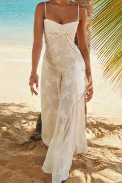 MICAS Maxi Dresses-Flower Textured Braided Tie Back Slip Maxi Dress WHITE