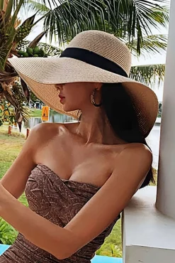 MICAS Accessories-Foldable Sun Protection Beach Straw Hat TAN