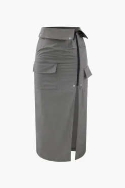 MICAS Skirts-Foldover Waist Slit Cargo Skirt
