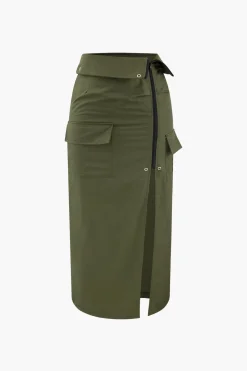 MICAS Skirts-Foldover Waist Slit Cargo Skirt