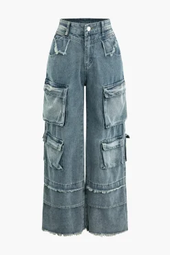 MICAS Cargo Pants|Jeans-Frayed Pocket Cargo Wide Leg Jeans MID WASH BLUE