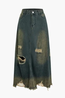 MICAS Skirts-Frayed Cut Out Button Washed Denim Skirt DARK WASH BLUE