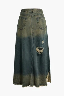 MICAS Skirts-Frayed Cut Out Button Washed Denim Skirt DARK WASH BLUE