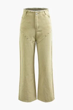 MICAS Jeans-Frayed Waist Rivet Decor Straight Leg Pants KHAKI