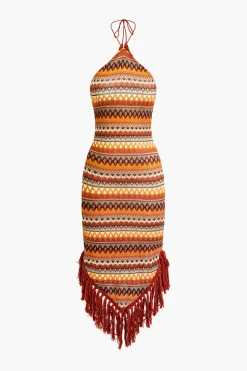 MICAS Midi Dresses-Fringe and Colorful Pattern Bohemian Halter Midi Dress MULTICOLOR