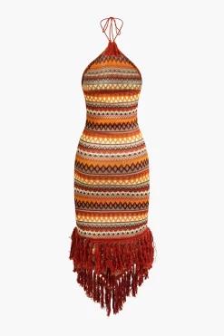 MICAS Midi Dresses-Fringe and Colorful Pattern Bohemian Halter Midi Dress MULTICOLOR