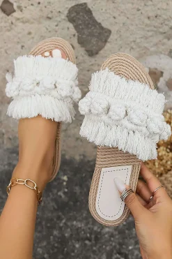 MICAS Shoes|Shoes-Fringe Braided Slipper Sandals IVORY