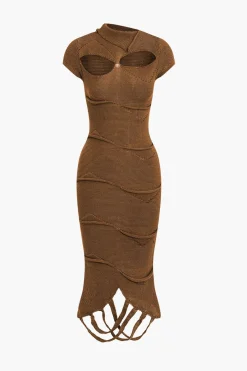 MICAS Knitwear|Knit Dresses-Fringe Hem Cut Out Knitted Midi Dress