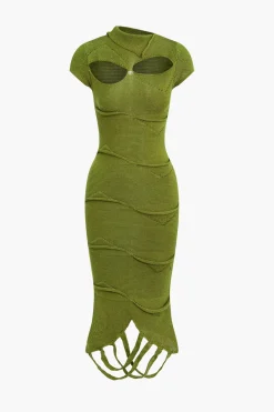 MICAS Knitwear|Knit Dresses-Fringe Hem Cut Out Knitted Midi Dress