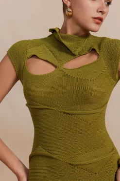 MICAS Knitwear|Knit Dresses-Fringe Hem Cut Out Knitted Midi Dress