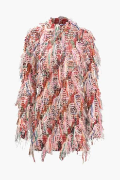 MICAS Mini Dresses|Long Sleeve Dresses-Fringe Long Sleeve Mesh Mini Dress MULTICOLOR