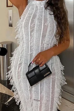 MICAS Midi Dresses-Fringe Mesh Mock Neck Midi Dress WHITE