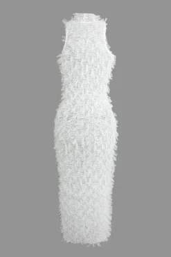 MICAS Midi Dresses-Fringe Mesh Mock Neck Midi Dress WHITE