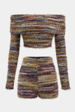 MICAS Short Sets-Fringe Off Shoulder Cropped Top And Shorts Set MAROON