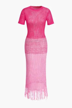 MICAS Knitwear|Swimwear-Fringed Hem Crochet Hollow Out Cover Up Knit Dress PINK
