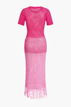 MICAS Knitwear|Swimwear-Fringed Hem Crochet Hollow Out Cover Up Knit Dress PINK