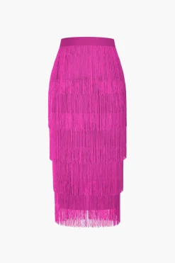 MICAS Skirts-Fringed Tiered Midi Skirt