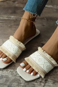 MICAS Shoes|Shoes-Fringed Weave Beach Slides BEIGE