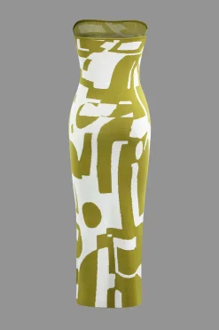 MICAS Knitwear|Knit Dresses-Geometric Pattern Strapless Knit Maxi Dress