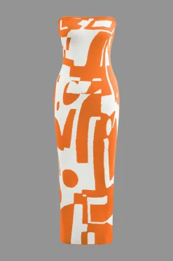MICAS Knitwear|Knit Dresses-Geometric Pattern Strapless Knit Maxi Dress