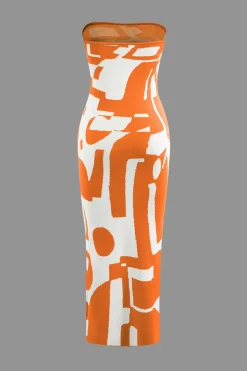 MICAS Knitwear|Knit Dresses-Geometric Pattern Strapless Knit Maxi Dress