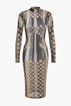 MICAS Long Sleeve Dresses|Midi Dresses-Geometric Print Sheer Mesh Long Sleeve Midi Dress KHAKI