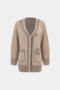 MICAS Knitwear|Knit Sets-Geometric Print Sweater Button Long-Sleeved Top And Pants Set KHAKI