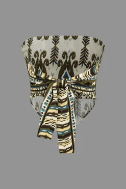 MICAS Tube Tops-Geometric Print Tie Front Tube Top BROWN