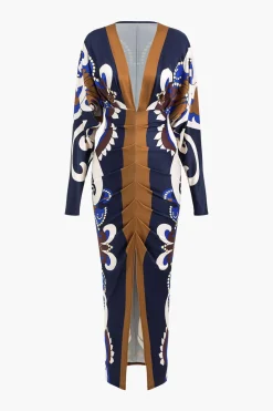 MICAS Long Sleeve Dresses|Maxi Dresses-Geometric Print V-Neck Maxi Dress