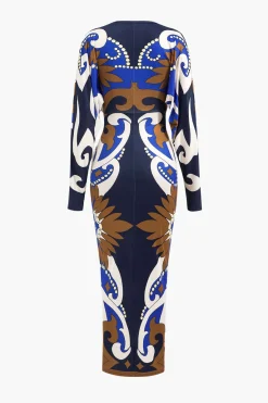MICAS Long Sleeve Dresses|Maxi Dresses-Geometric Print V-Neck Maxi Dress