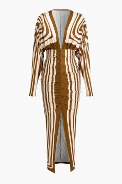 MICAS Long Sleeve Dresses|Maxi Dresses-Geometric Print V-Neck Maxi Dress